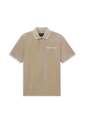 Beiges kurzärmeliges Poloshirt mit weißem Besatz am Kragen und an den Ärmelkanten, vorderer Knopfleiste und einer geknöpften Brusttasche.