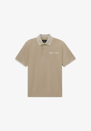Beiges kurzärmeliges Poloshirt mit weißem Besatz am Kragen und an den Ärmelkanten, vorderer Knopfleiste und einer geknöpften Brusttasche.