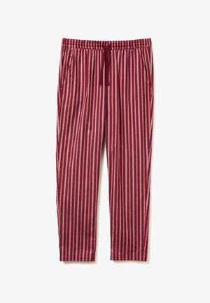 Pantalones de lounge a rayas marrón con cinturilla elástica y cordón, con bolsillos laterales y un corte relajado.
