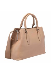 Beige leren handtas met gestructureerd ontwerp, dubbele handgrepen, afneembare schouderriem en een getextureerde afwerking. Voorzien van een ritsvak.