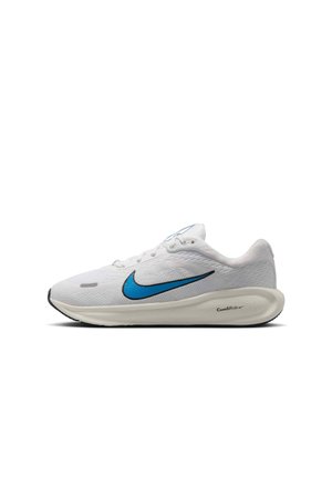 White Nike running shoe with blue swoosh logo, mesh upper, and thick cushioned sole labeled "ComfiRide."