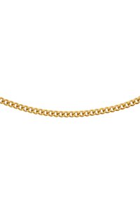 Collana in metallo dorato con maglie ovali intrecciate, finitura liscia e larghezza uniforme lungo tutta la sua lunghezza.