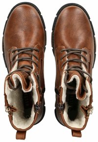 Hnědé kožené kotníkové boty se šedými šňůrkami, vlněnou podšívkou, bočními zipy a zdrsněnými gumovými podrážkami. Zaoblená špička a vyztužené okraje.