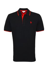 Black polo shirt with red accents on collar and sleeves, two-button placket, and embroidered logo on the left chest. Cotton material.