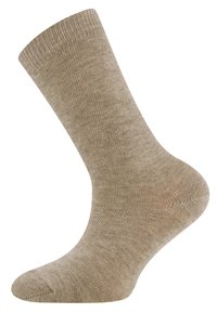 Braune gerippte Socke aus weichem Material, mittellange Länge bis zur Wade und verstärktem Zehen- und Fersenbereich. Schlichtes Design ohne zusätzliche Muster oder Akzente.