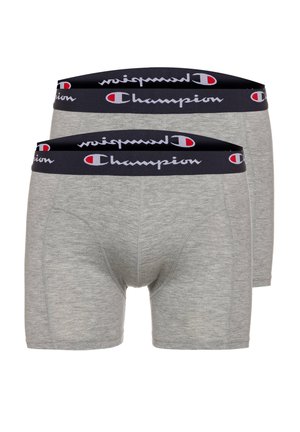 Two pairs of gray men's boxer briefs with black elastic waistbands featuring the Champion logo in white and red.