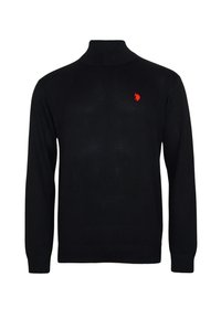 Jersey negro de manga larga con cuello alto y un pequeño logo bordado en rojo en el lado izquierdo del pecho.