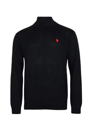 Fekete, hosszú ujjú garbó pulóver, bal mellkasán egy kis piros hímzett logóval.