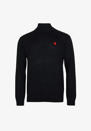 Fekete, hosszú ujjú garbó pulóver, bal mellkasán egy kis piros hímzett logóval.