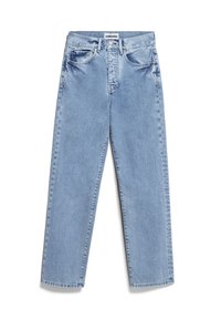 Jeans de mezclilla azul claro con corte recto, que cuentan con bolsillos delanteros, cierre de botón y un ligero desvanecimiento. Diseño clásico de cinco bolsillos.