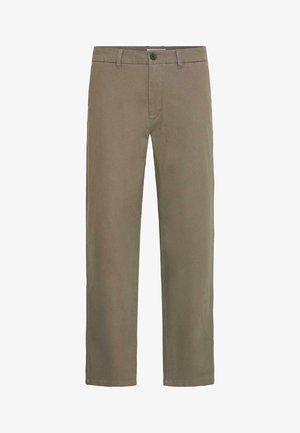 Khaki chino kalhoty vyrobené z bavlny. Mají přímý střih, přední kapsy, jednu zadní kapsu a zapínání na knoflík v pase.