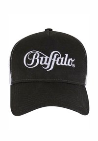Svart baseballkeps med vit broderad "Buffalo"-logotyp, strukturerad framdel, böjd skärm, nät-sidor och justerbart band i bak.