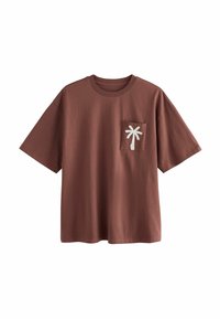 Bruin katoenen t-shirt met een ronde hals en korte mouwen. Heeft een witte palmboom geborduurd op het borstzakje.