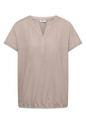 Beige bluse med korte ærmer, V-formet udskæring og elastisk kant, lavet af mærket Cecil.