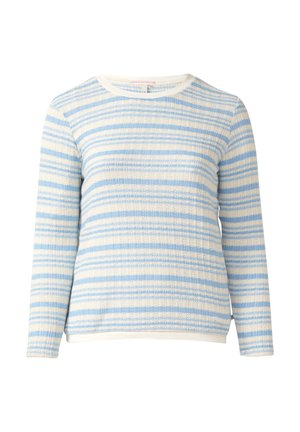 Pull en maille à manches longues avec des rayures horizontales bleues et blanches, col rond, tissu texturé et ourlet droit.