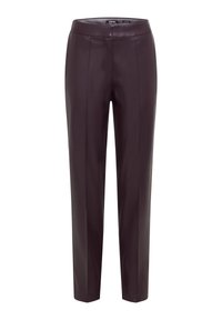 Burgundy leather trousers with a sleek design, straight legs, minimal stitching details, and a smooth texture. Elastic waistband for comfort.