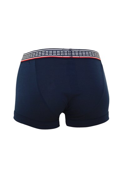Navy blue boxer shorts with a patterned elastic waistband featuring white and red stripes. Soft texture, fitted design, and mid-thigh length.