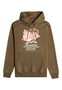 Brown hoodie made of cotton blend, featuring a graphic design in pink and blue. Includes a kangaroo pocket and drawstring hood.