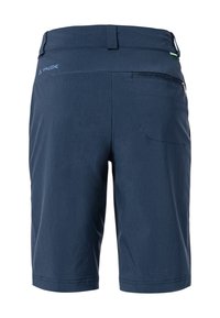 Shorts bleu marine en tissu lisse et léger. Comprend une poche arrière zippée et des détails de logo discrets près de la taille.