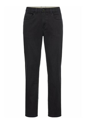 Zwarte denim jeans met een rechte pijp, vijf-pocket ontwerp en een knoopsluiting. De stof lijkt glad met een lichte stretch.