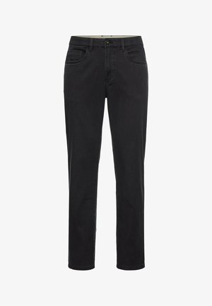 Zwarte denim jeans met een rechte pijp, vijf-pocket ontwerp en een knoopsluiting. De stof lijkt glad met een lichte stretch.