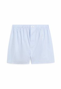 Blue and white striped cotton boxer shorts with an elastic waistband and two-button fly. Features a relaxed fit and smooth texture.