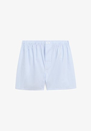 Boxers en coton rayés bleus et blancs avec une taille élastique et un patte de boutonnage à deux boutons. Caractéristiques : coupe décontractée et texture lisse.
