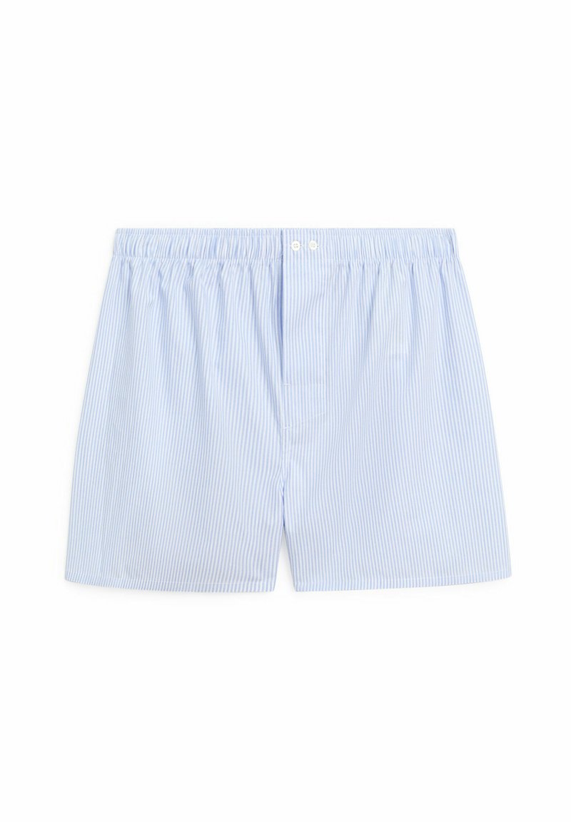 Blue and white striped cotton boxer shorts with an elastic waistband and two-button fly. Features a relaxed fit and smooth texture.