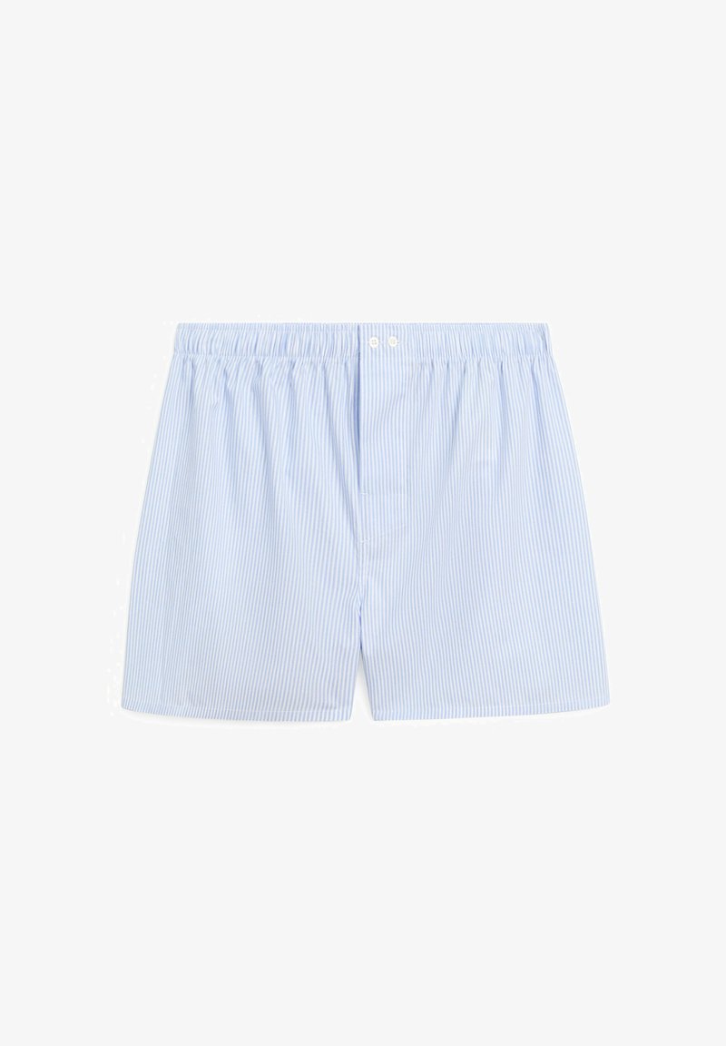Blue and white striped cotton boxer shorts with an elastic waistband and two-button fly. Features a relaxed fit and smooth texture.