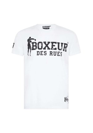 T-shirt bianco in cotone con stampa grafica nera e la scritta "BOXEUR DES RUES" oltre a una silhouette di un pugile sul davanti. Maniche corte.