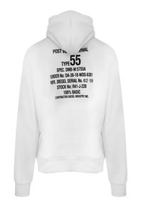 Felpa bianca con cappuccio che presenta una grande grafica stampata sul retro in testo nero, che dettaglia specifiche e informazioni sul produttore.