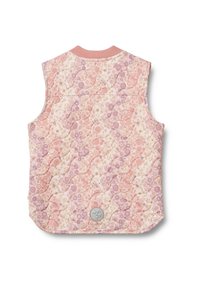 Tikkattu toppaliivi, jossa on vaaleanpunainen, violetti ja kermaan vivahtava kukkakuosi sekä resorireunainen vaaleanpunainen kaulus, nähtynä takaa.