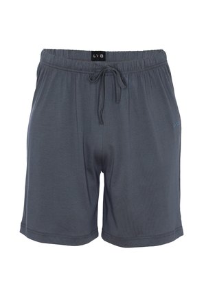 Pantaloncini grigio scuro fino al ginocchio con fascia elastica in vita e coulisse frontale, etichetta con marchio al centro e piccolo logo sulla gamba destra.