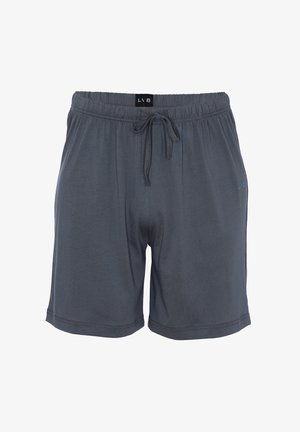Pantaloncini grigio scuro fino al ginocchio con fascia elastica in vita e coulisse frontale, etichetta con marchio al centro e piccolo logo sulla gamba destra.