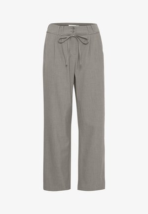 Világosszürke, bő szárú nadrág, texturált anyagból készült, két gombból álló derékrésszel és állítható zsinórral.