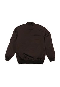 Black bomber jacket made of smooth fabric, featuring ribbed cuffs, collar, and a side pocket on the left arm. Simple and modern design.