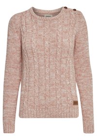 Maglione rosa chiaro a maglia con collo rotondo, maniche lunghe e due bottoni marroni sulla spalla. Presenta un motivo testurizzato e un'etichetta con logo.