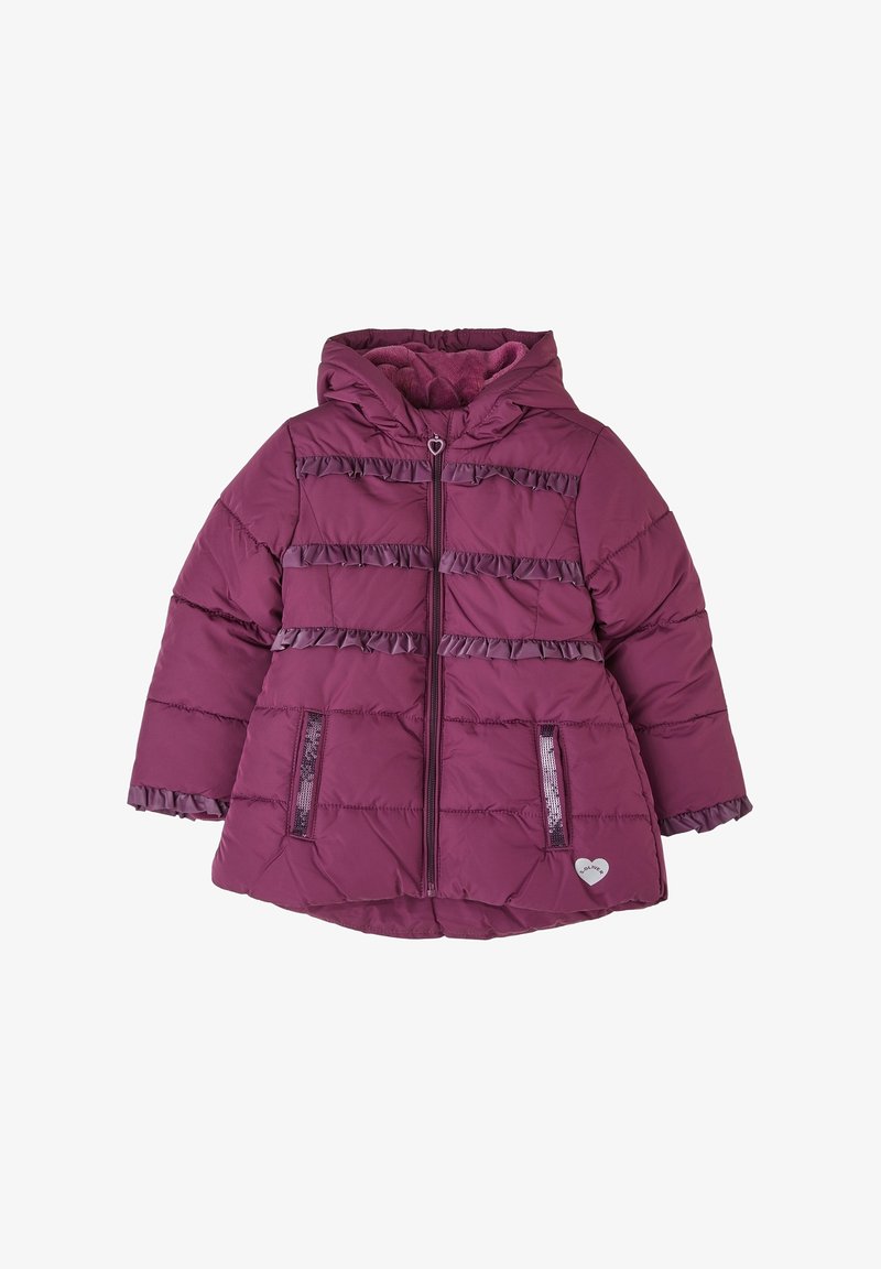 Veste matelassée violet pour enfant avec capuche, bordure à volants, fermeture éclair à l'avant, détails de poche en sequins et tirette en forme de cœur.