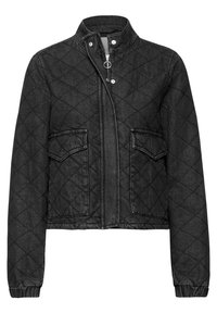 Chaqueta negra acolchada con cuello alto, cierre de cremallera en la parte delantera y dos bolsillos con solapa. Presenta puños elásticos y un diseño corto que proporciona una silueta ajustada.