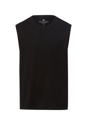 Schwarzes ärmelloses Baumwolltop mit Rundhalsausschnitt von Nils Sundström mit geradem Saum und lockerem Schnitt.