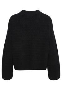 Czarny sweter z dzianiny z teksturowanym wzorem, skrócona długość i szerokie rękawy. Posiada ściągacz wokół dekoltu i u dołu. Pokaź widok z tyłu.