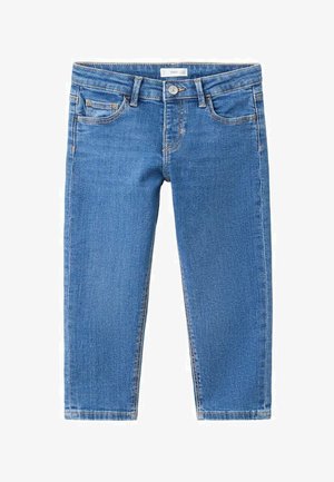 Plave traperice ravnog kroja s dvije prednje džepa, džepićem za kovanice i zatvaranjem na gumb u struku.