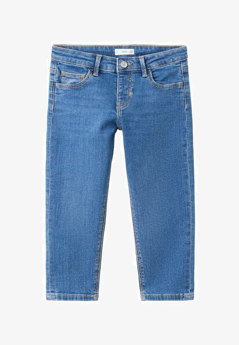 Jean en denim bleu avec une coupe droite, doté de deux poches avant, d'une poche pour pièces de monnaie et d'une fermeture par bouton à la taille.