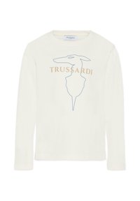 T-shirt en coton crème à manches longues avec un contour bleu de la tête d'un chien et le mot "TRUSSARDI" en marron en dessous de l'illustration.
