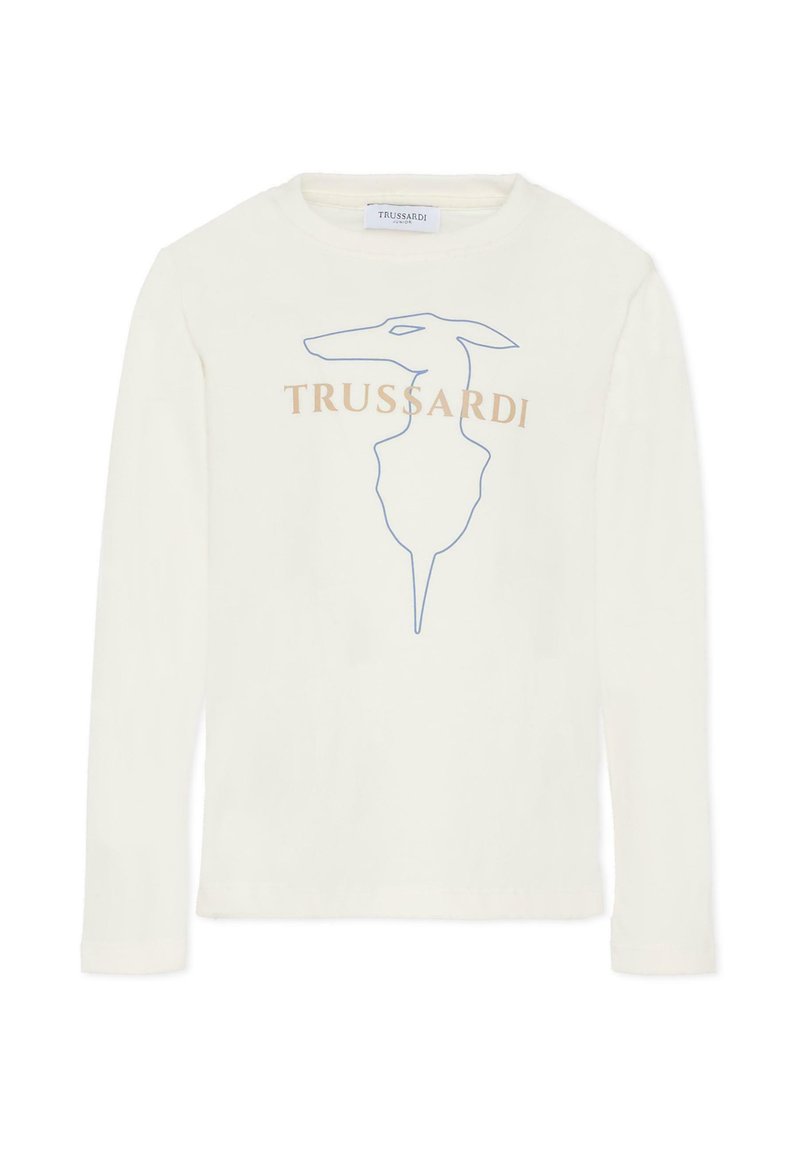 T-shirt en coton crème à manches longues avec un contour bleu de la tête d'un chien et le mot "TRUSSARDI" en marron en dessous de l'illustration.