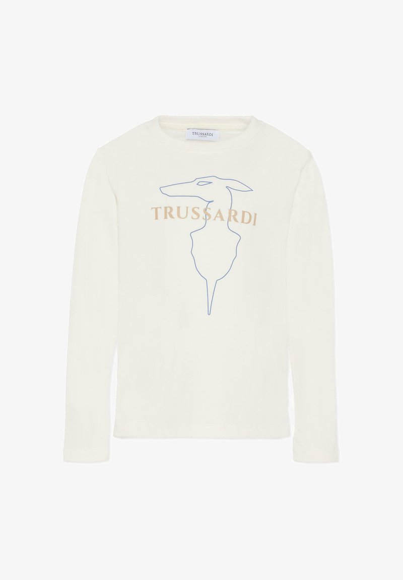 T-shirt en coton crème à manches longues avec un contour bleu de la tête d'un chien et le mot "TRUSSARDI" en marron en dessous de l'illustration.