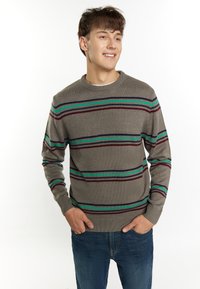 Maglione grigio con righe orizzontali multicolori in verde, blu e bordeaux. Collo e orli a coste. Abbinato a jeans blu.