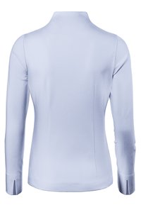 Lichtblauwe blouse met lange mouwen en hoge kraag, met een gladde textuur en zijsplitten bij de manchetten. Smalle pasvorm en een strak ontwerp.