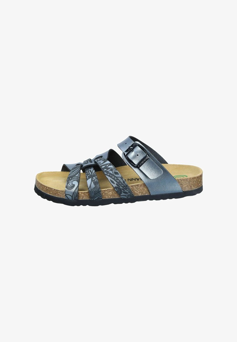 Black and gray sandal with cork footbed, multiple strap design featuring a patterned fabric, and adjustable buckle for fit.
