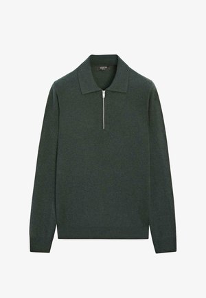 Ciemnozielony dziany sweter z kołnierzem na zamek, długimi rękawami i miękką teksturą. Charakteryzuje się klasycznym krojem i minimalistycznym stylem.